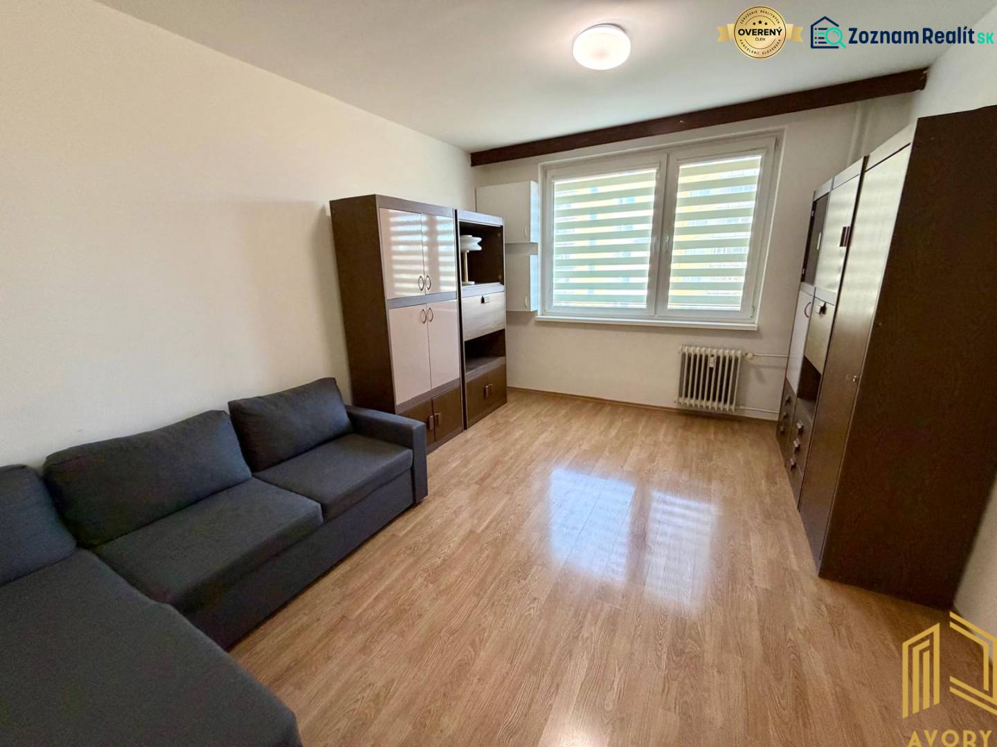 Nappali egy egyszobás lakásban, fa dekoros padlóval, kanapéval és szekrényekkel.