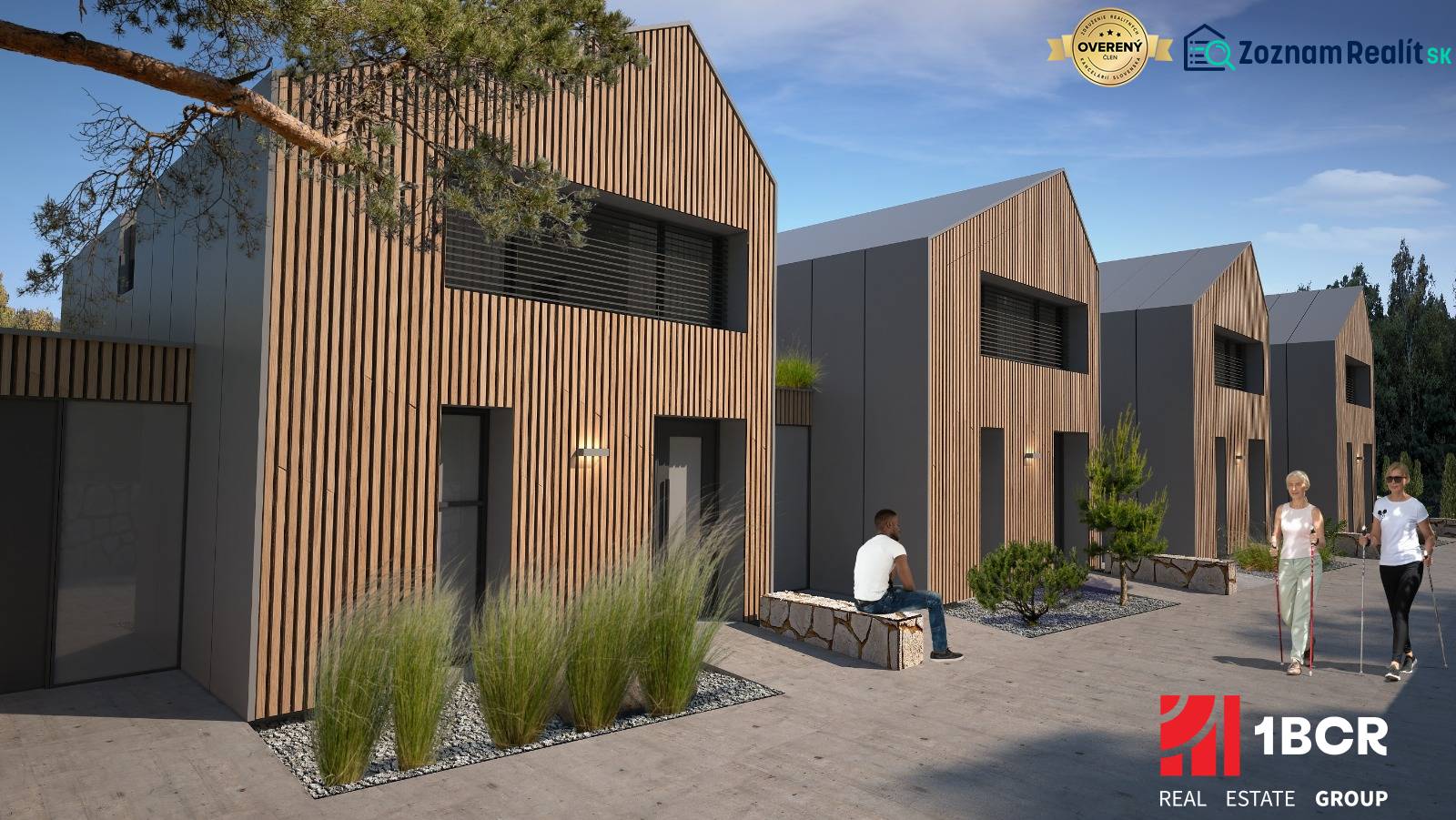 Családi ház Tureckejben fa burkolattal, emberek pihennek a padon.