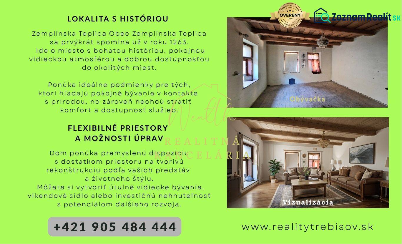 Családi ház elrendezése nappalival és berendezési vizualizációval, fa mennyezet.