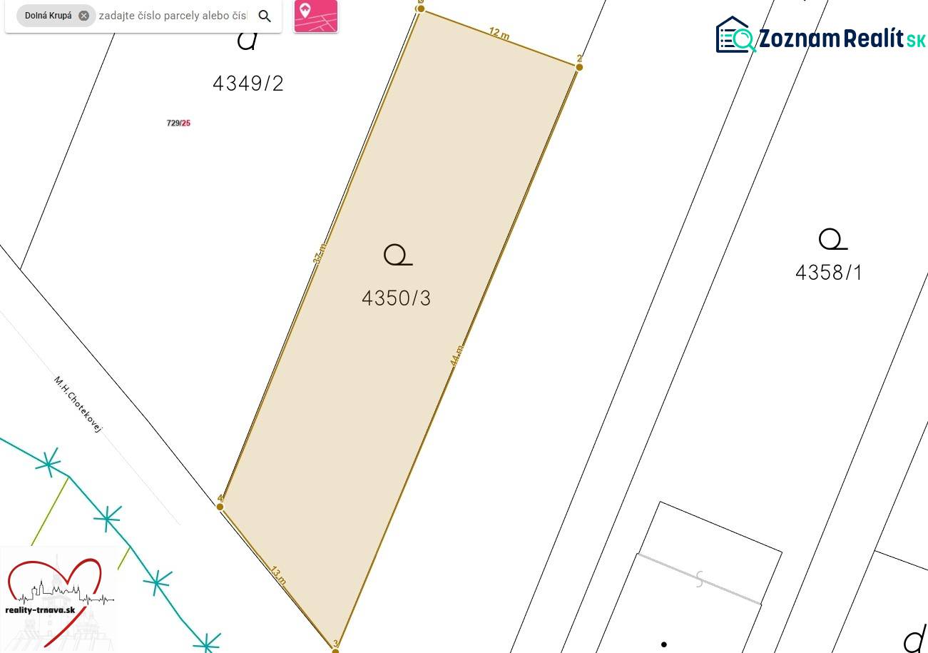 A M.H. Chvoteková-i telkek térképe Dolná Krupá-n, lakóövezetre szánt terület.