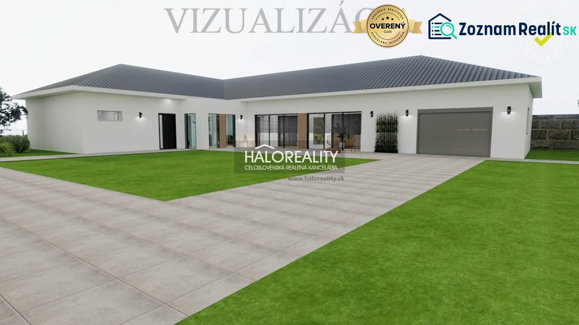 Családi ház látványterve Nagykéren, gyeppel és garázzsal.