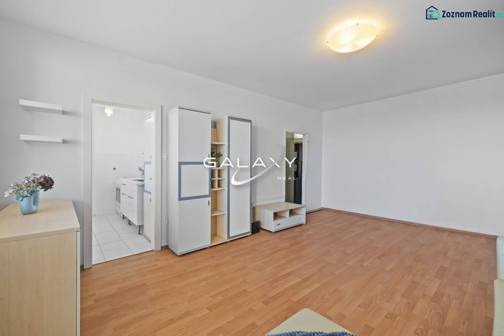 Nappali egy egyszobás lakásban, fa dekoros padlóval és beépített szekrényekkel.