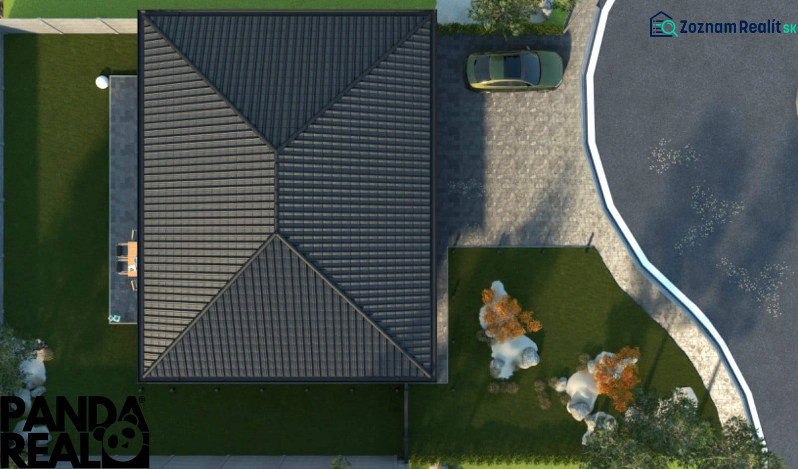 Családi ház madártávlatból Moravany nad Váhom-ban terasszal és kerttel.