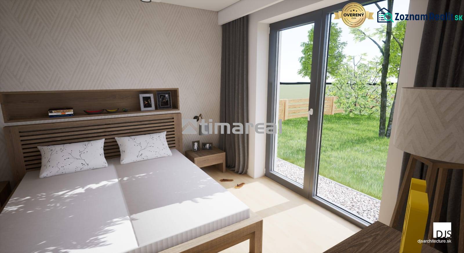 Hálószoba családi házban franciaággyal, nagy ablakkal és kilátással a kertre.