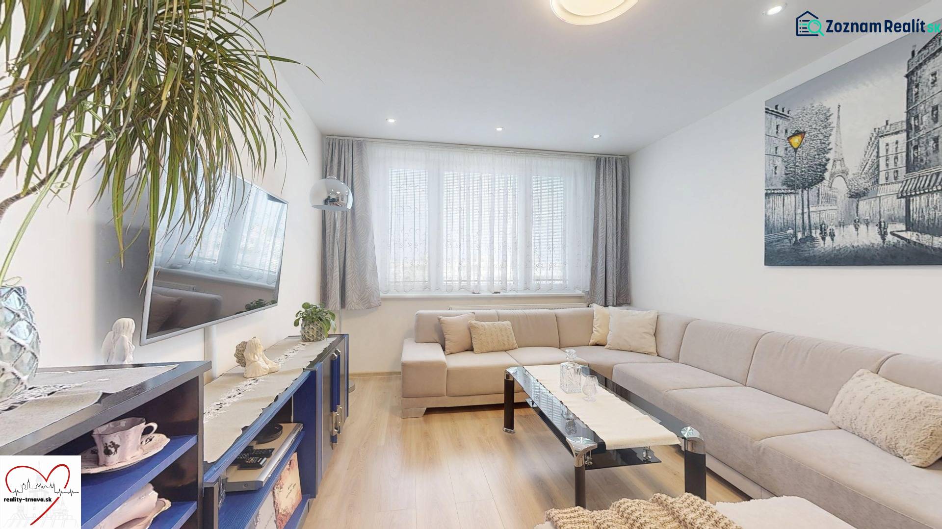 Nappali fa mintás padlóval, kanapéval és televízióval egy háromszobás lakásban.