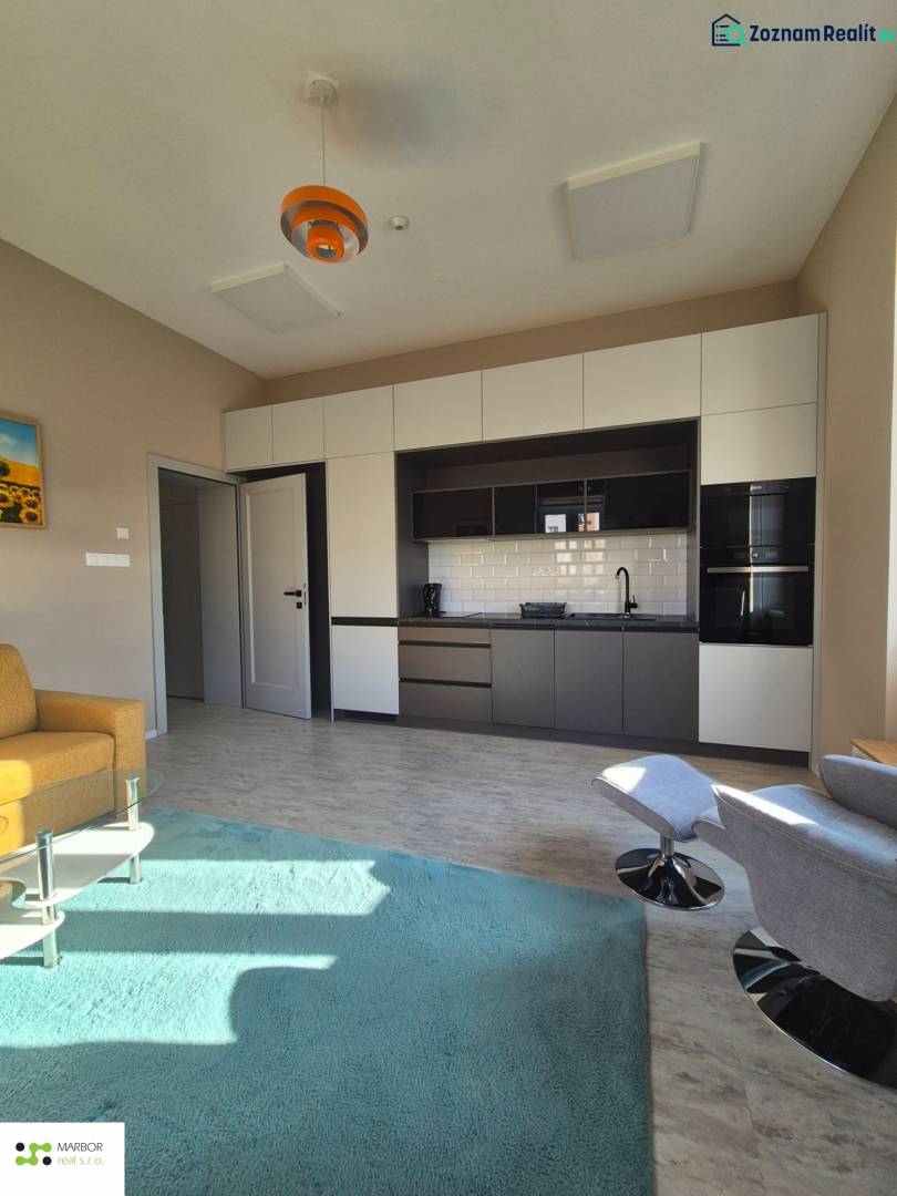 1 szobás lakás belső tere konyhabútorral, zöld szőnyeggel és fa dekorú padlóval.