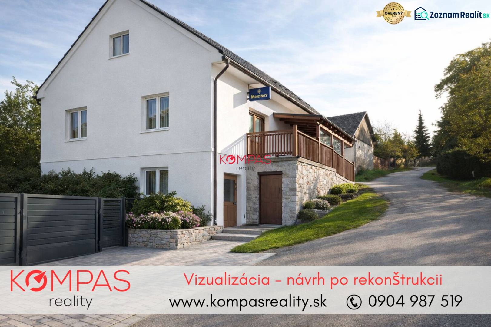 Fehér ház kő részletekkel és kerttel, Vígľašská Huta-Kalinka, üzlethelyiségek.