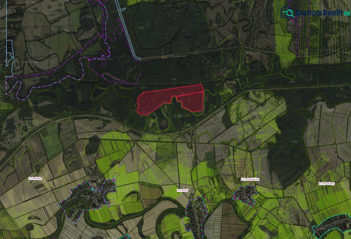 Mezőgazdasági és erdőterületek térképe Boľa környékén.