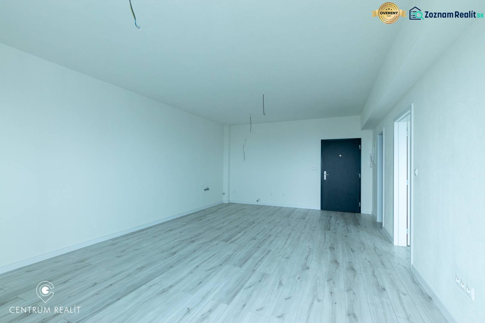 Tágas szoba fa mintázatú padlóval, fehér falakkal és fekete ajtókkal.