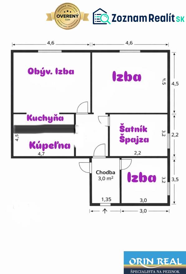 Családi ház alaprajza a következő helyiségekkel: nappali, konyha, szobák, fürdőszoba, kamra.