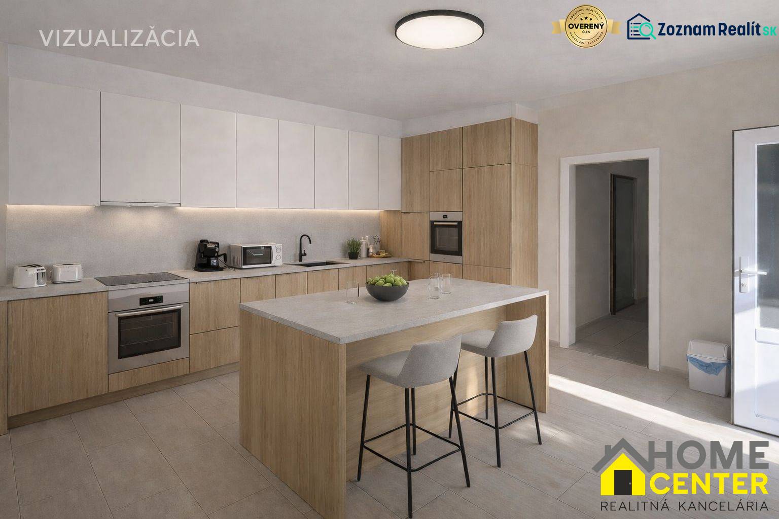 Konyha családi házban szigettel és fa mintázatú padlóval.