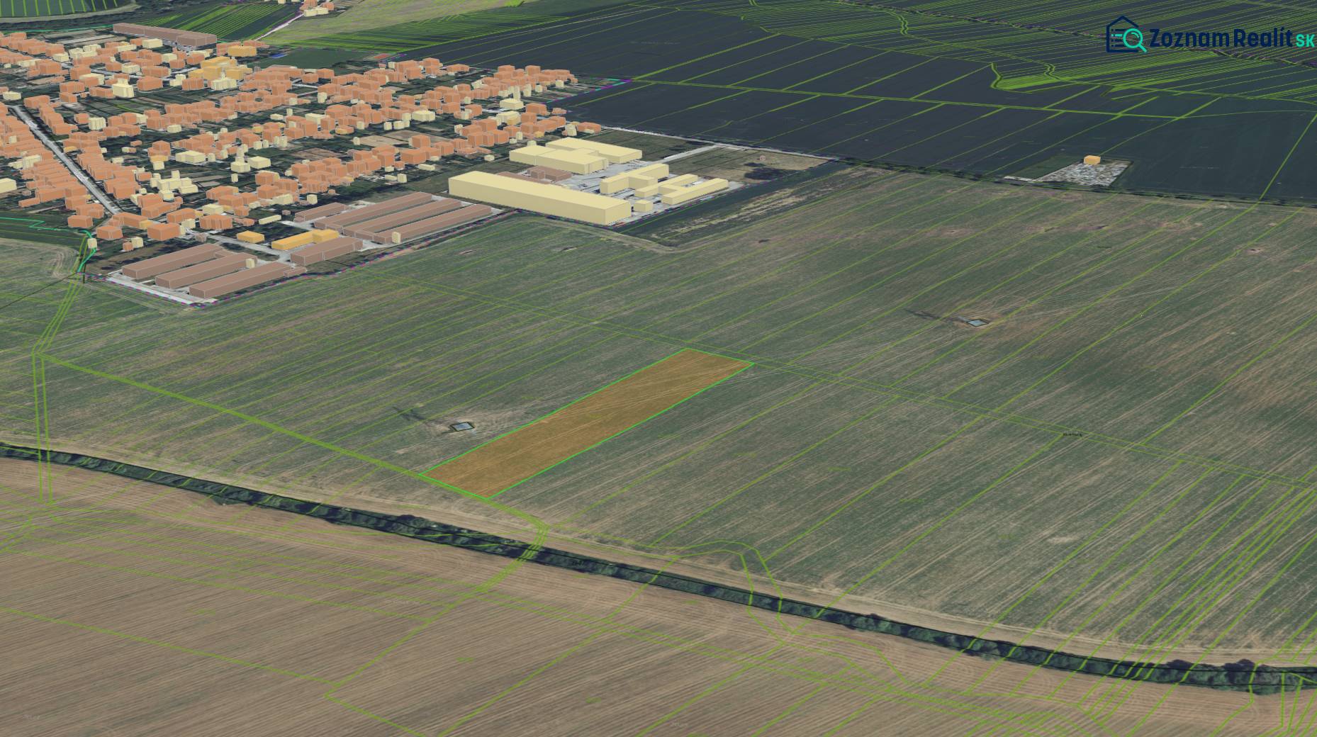 Práznovce madártávlatból, a lakóövezetet körülvevő mezőgazdasági és erdős területek.