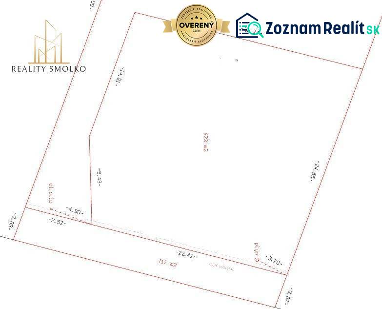 Építési telek Ľuboticéban kataszteri térképpel és méretekkel.