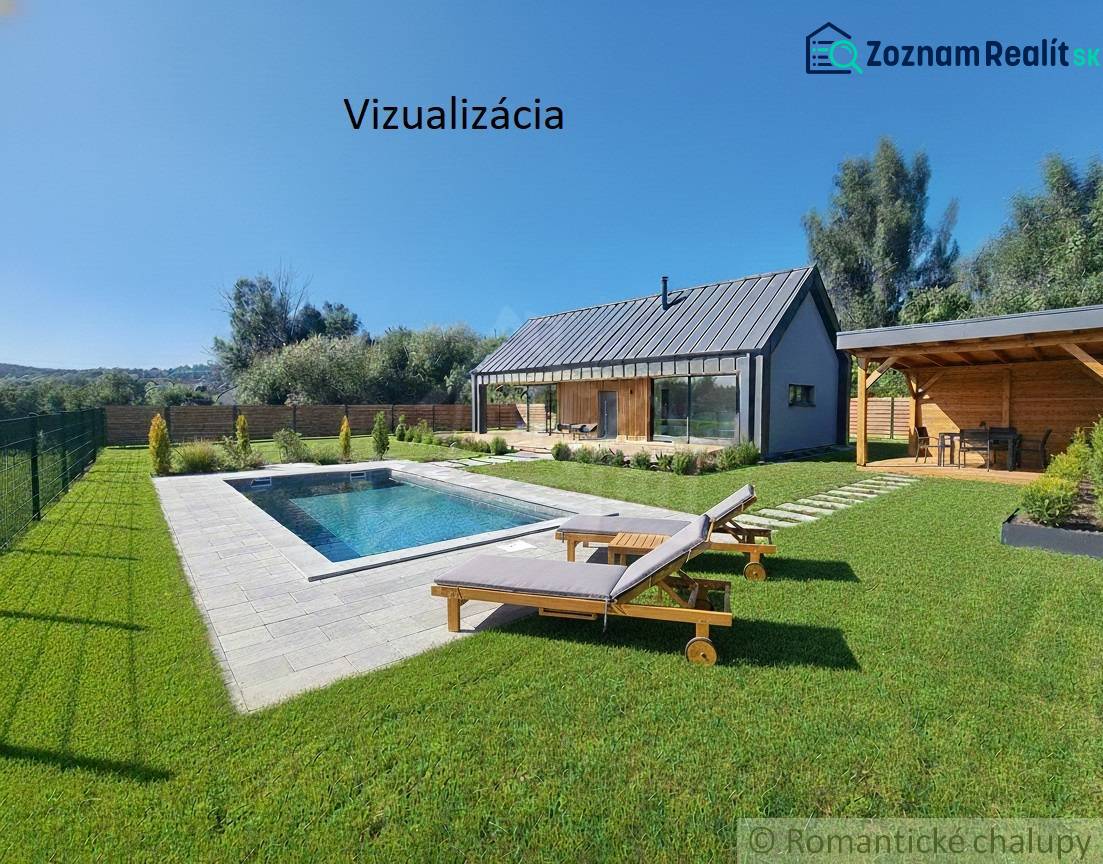 Ház vizualizációja medencével és pavilonnal a hosťovai telken, lakhatásra alkalmas.