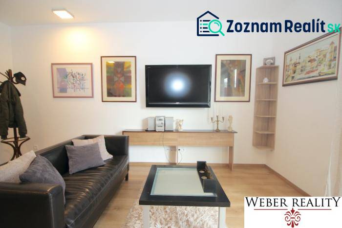 Nappali egy egyszobás lakásban televízióval, bőrkanapéval és fa dekorációjú padlóval.