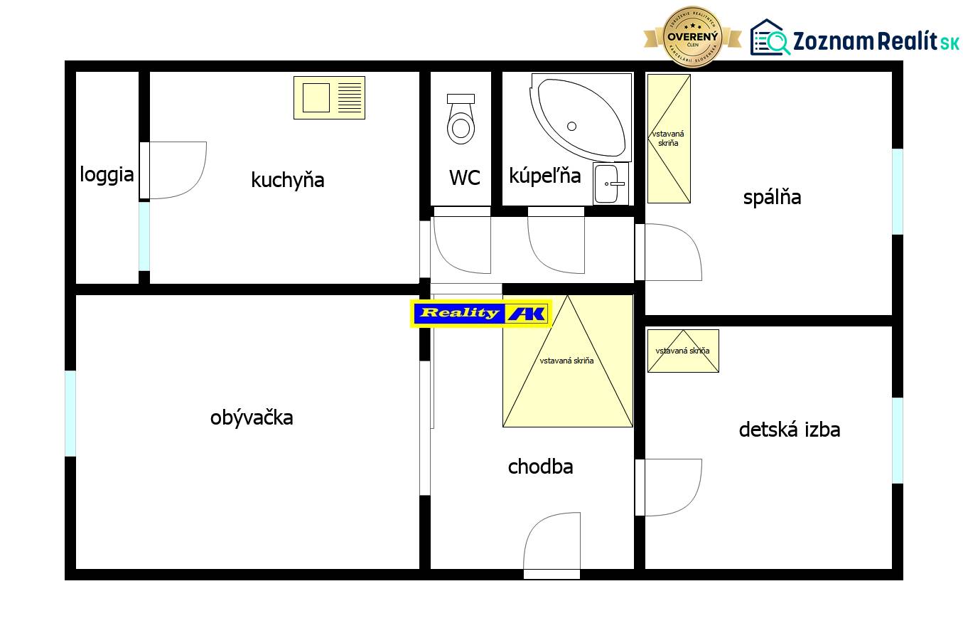 Pôdorys 3-izbového bytu s loggiou, kuchyňou, obývačkou, spálňou a detskou izbou.