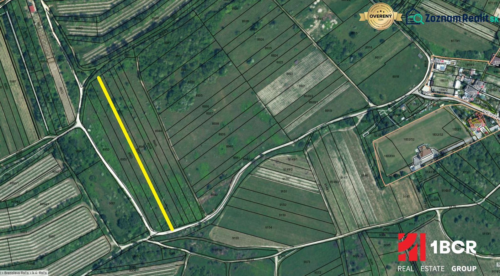 Szőlőültetvények kataszteri térképe a Vtáčikova úton, Pozsony - Rača, a kijelölt telekkel.