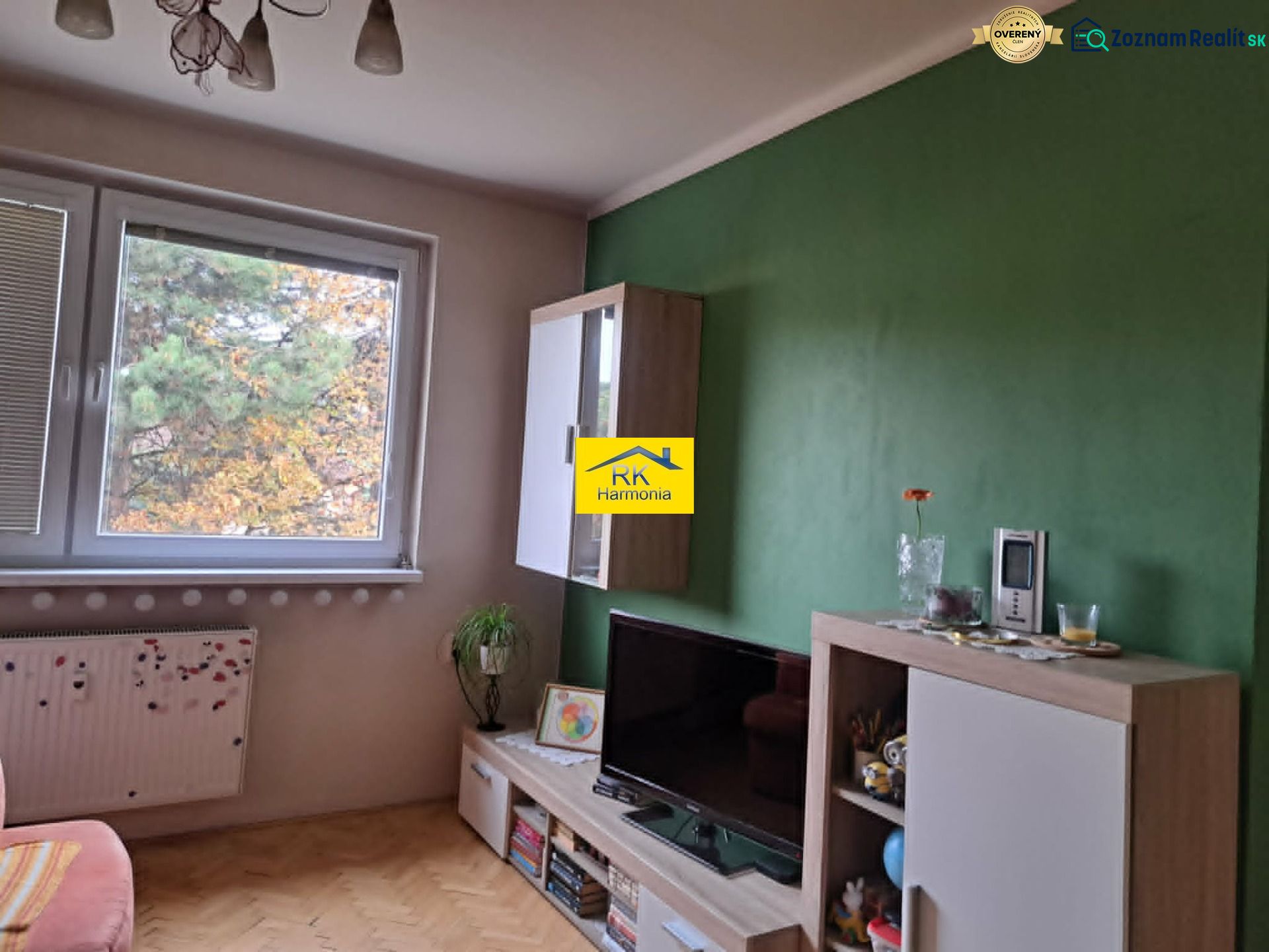 Nappali fa dekorációval, televízióval és zöld fallal egy kétszobás lakásban.