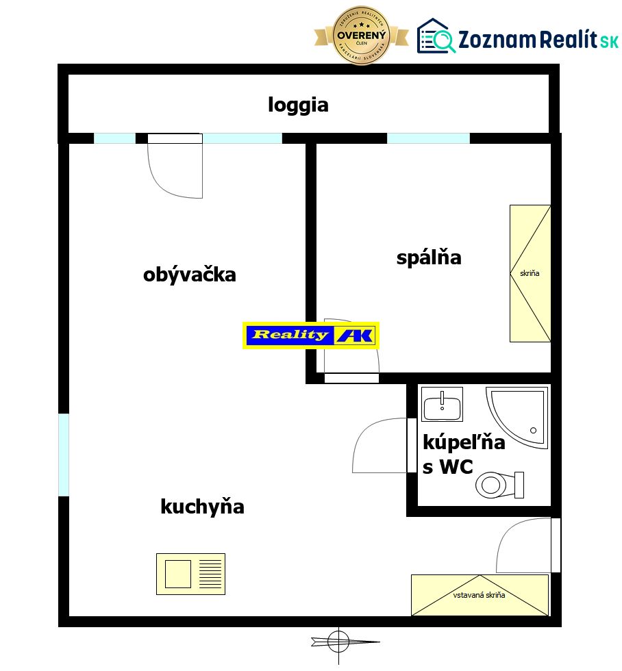2 szobás lakás alaprajza loggiával, nappalival, konyhával és fürdőszobával WC-vel.