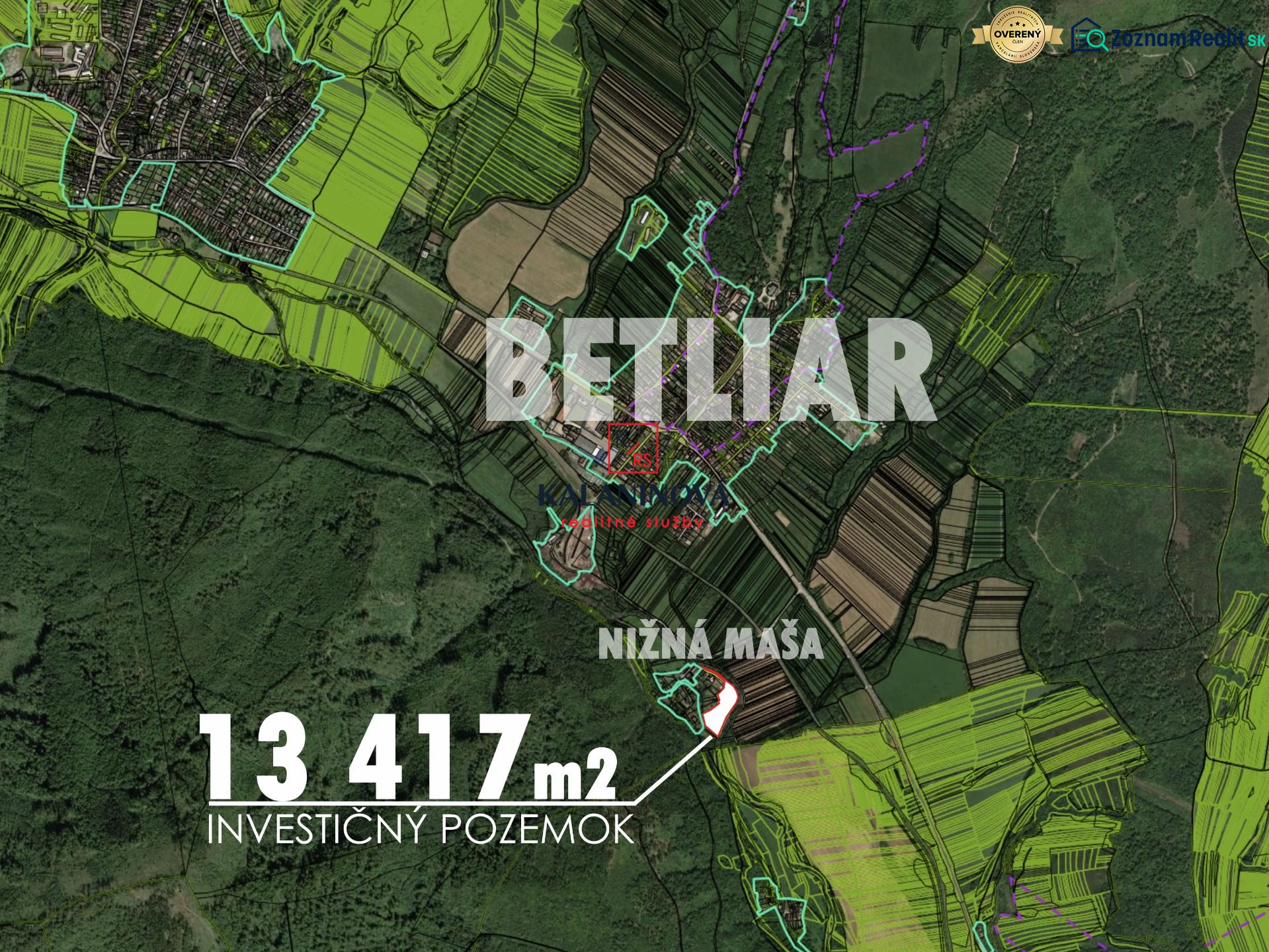 Berzési telek térképe, 13 417 m² területtel Betliarban.