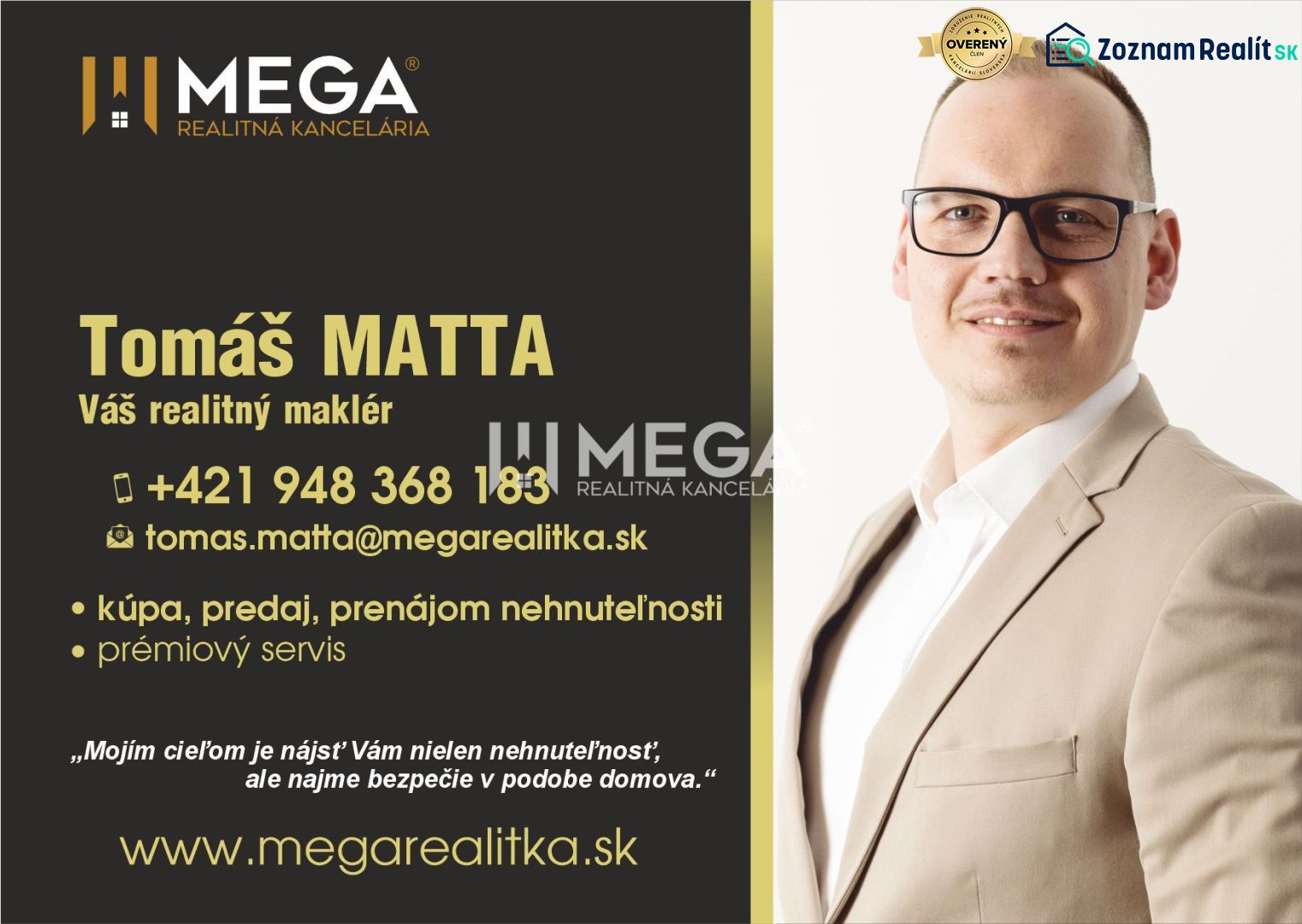 Realitní maklér névjegykártyája elérhetőségekkel és speciális szolgáltatási ajánlattal.