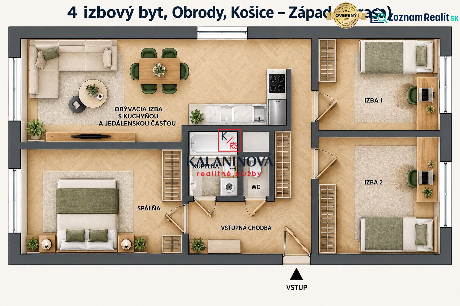 Egy 4 szobás lakás alaprajza fa dekor padlóval magában foglalja a szobákat és a konyhát.