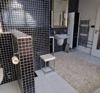 Kúpeľňa v Rekreačnom apartmáne s čiernobielymi dlaždicami, umývadlom a toaletou.