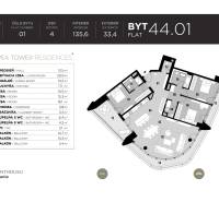 Pôdorys 4-izbového bytu s veľkou obývacou izbou a dvoma balkónmi.