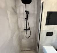 Zuhanykabin és WC fekete kiegészítőkkel egy kétszobás lakásban.
