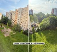 Kilátás egy egyszobás lakásból a trenčíni Kyjev utcában, környező panelházakkal és zöldterülettel.