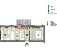 Kétszobás lakás alaprajza 40,07 m² alapterülettel, Limbašská cesta. Hálószoba, nappali, konyha.