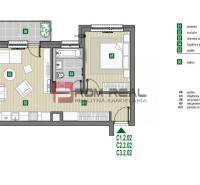 Egy 49,71 m²-es kétszobás lakás alaprajza, amely konyhából, nappaliból, hálószobából és erkélyből áll.