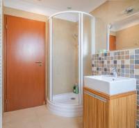 Fürdőszoba a nyaraló apartmanban zuhanyzóval és négyzet alakú mosdóval.