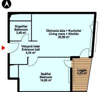 2 szobás lakás alaprajza nappalival és konyhával, hálószobával, fürdőszobával és loggiával.