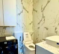 Fürdőszoba egy 4 szobás lakásban WC-vel, mosógéppel és márványfalakkal.