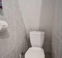 WC egy házikóban ferde falakkal és világos csempékkel.