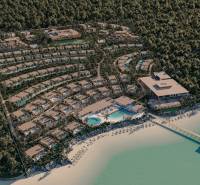 Luxusos lakónegyed villákkal és medencékkel a tengerparton, Nungwi részén, Zanzibar North.