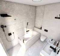 Családi ház fürdőszobája káddal, zuhanyzóval és WC-vel, minimalista dizájn.