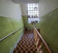 Családi ház lépcsőháza zöld falakkal és sakktáblaszerű padlóval.