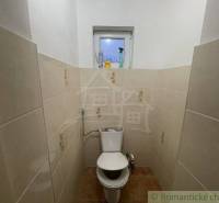Kis fürdőszoba kerámia burkolattal, WC-vel és ablakkal egy családi házban.
