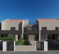 Egy modern építészetű villa Porečben, előtte parkoló és zöldterület található.