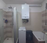 Fürdőszoba káddal, zuhanyzóval, mosógéppel és gázkazánnal a családi házban.