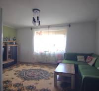 Nappali szoba szőnyeggel, zöld kanapéval és fali szekrénnyel családi házban.