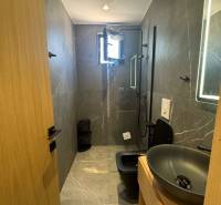 Fürdőszoba a nyaraló apartmanban zuhanyzóval, modern mosdóval és sötét WC-vel a kényelem érdekében.
