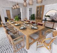 Ebédlő egy családi házban, faasztallal, rattan székekkel és elegáns dekorációval.