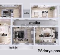 Családi ház emeleti alaprajza erkéllyel és lodzsával, amely a szobákat és a folyosót ábrázolja.