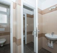 Irodai fürdőszoba bézs csempékkel és mosdóval.