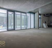 Befejezetlen üzlethelyiségek üvegfalakkal és beton mennyezettel.
