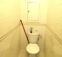 Kis fürdőszoba egy egyszobás lakásban WC-vel, seprűvel és tisztítószerekkel.
