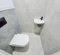 Fürdőszoba egy háromszobás lakásban WC-vel és mosdóval, szürke csempével burkolva.